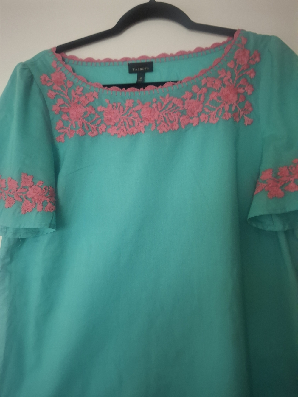 Talbots Turquoise Top with Pink Embroidered Scoop Neck